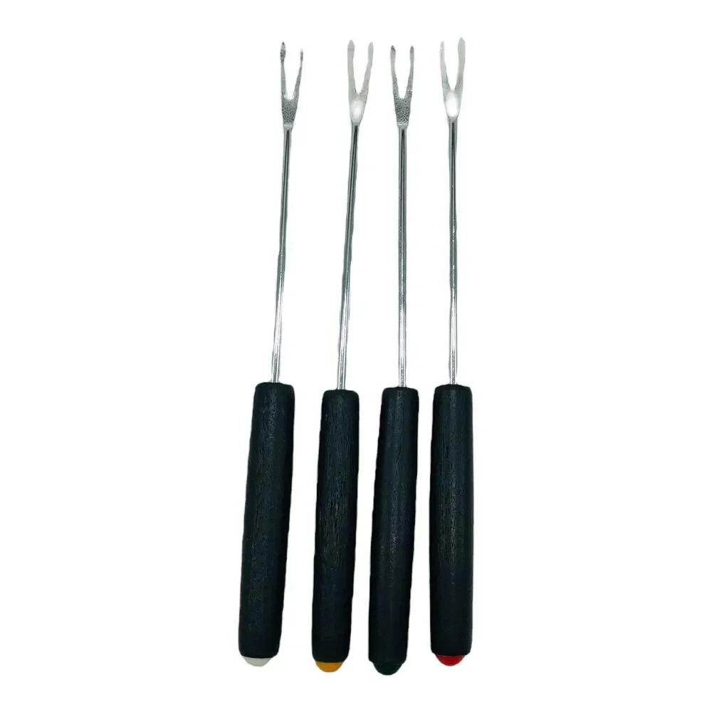 VTG 60s Fondue Forks Stainless Steel Black Woodgrain Handle Multicolor Set Of 4